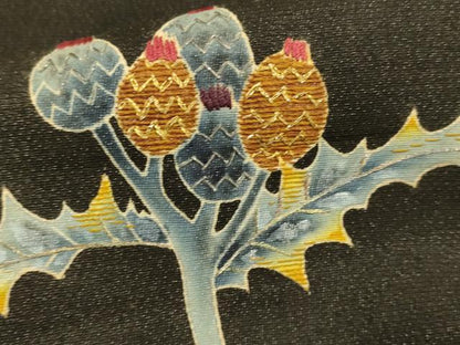 平和屋着物▽訪問着　単衣　刺繍　松ぼっくり　黒地　銀通し地　正絹　逸品　DABD6497du