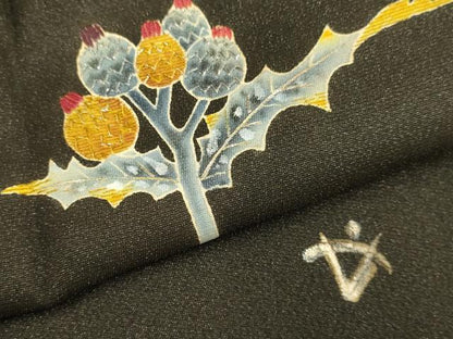 平和屋着物▽訪問着　単衣　刺繍　松ぼっくり　黒地　銀通し地　正絹　逸品　DABD6497du