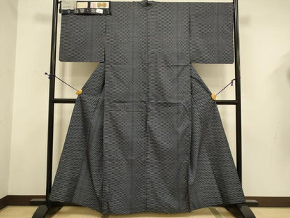 平和屋着物▽本場大島紬　単衣　正藍染　市松割献上　久野織物特製　薩摩義隆作　やまと誂製　証紙付き　正絹　逸品　DABD6506du