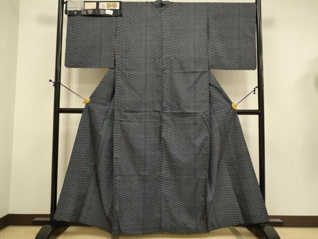 平和屋着物▽本場大島紬　単衣　正藍染　市松割献上　久野織物特製　薩摩義隆作　やまと誂製　証紙付き　正絹　逸品　DABD6506du
