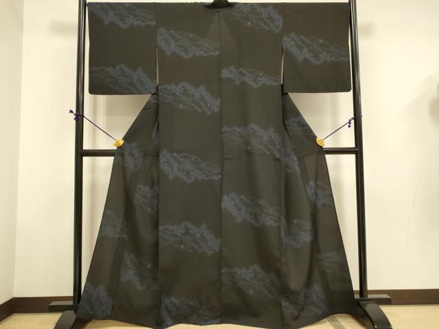平和屋着物▽本塩沢　単衣　110亀甲　風景文　正絹　逸品　DABD6507du