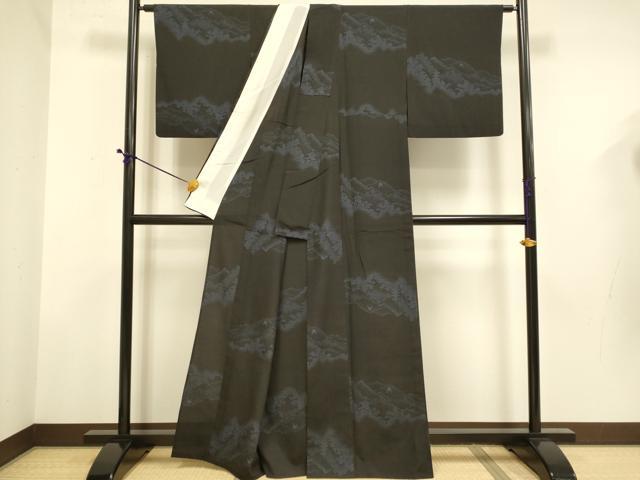 平和屋着物▽本塩沢　単衣　110亀甲　風景文　正絹　逸品　DABD6507du