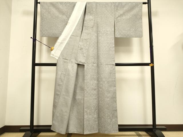平和屋着物▽上質な小紋　単衣　紬地　型染　切嵌花文　正絹　逸品　DABD6510du
