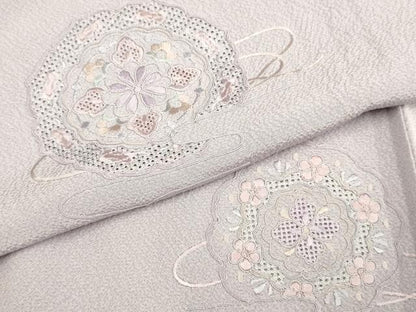 平和屋着物▽中国三大刺繍　スワトウ刺繍　汕頭刺繍　総刺繍　訪問着　単衣　花絵皿文　正絹　逸品　DABD6514du