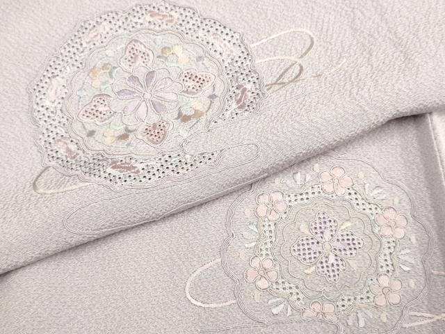 平和屋着物▽中国三大刺繍　スワトウ刺繍　汕頭刺繍　総刺繍　訪問着　単衣　花絵皿文　正絹　逸品　DABD6514du