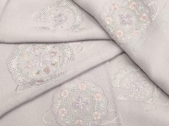 平和屋着物▽中国三大刺繍　スワトウ刺繍　汕頭刺繍　総刺繍　訪問着　単衣　花絵皿文　正絹　逸品　DABD6514du