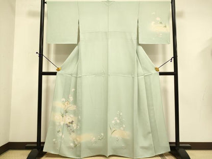 平和屋着物▽訪問着　単衣　駒刺繍　草花文　暈し染め　正絹　逸品　DABD6516du