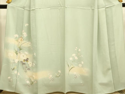 平和屋着物▽訪問着　単衣　駒刺繍　草花文　暈し染め　正絹　逸品　DABD6516du
