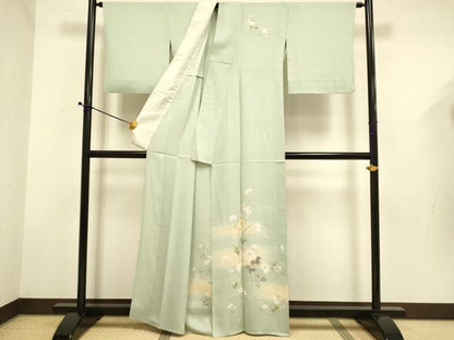 平和屋着物▽訪問着　単衣　駒刺繍　草花文　暈し染め　正絹　逸品　DABD6516du