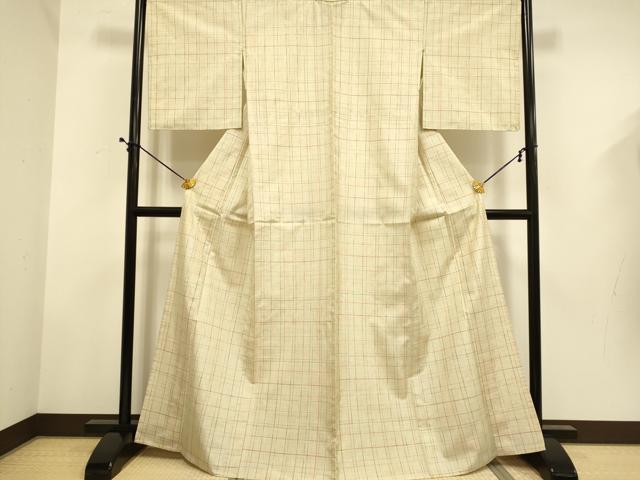 平和屋着物▽上質な紬　単衣　格子　正絹　逸品　DABD6518du