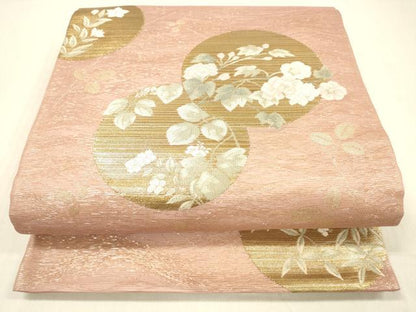 平和屋着物＊夏物 六通柄袋帯 萩に丸紋 金糸 正絹 逸品 DABD6525cm