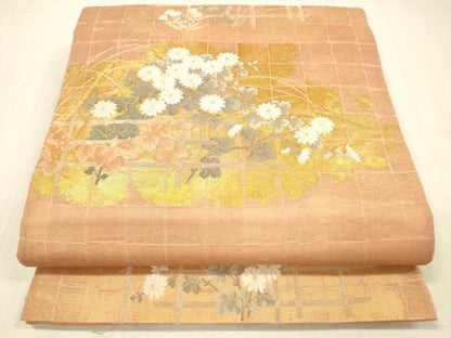 平和屋着物＊夏物 六通柄袋帯 格子草花文 金銀糸 正絹 逸品 DABD6528cm