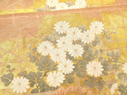 平和屋着物＊夏物 六通柄袋帯 格子草花文 金銀糸 正絹 逸品 DABD6528cm