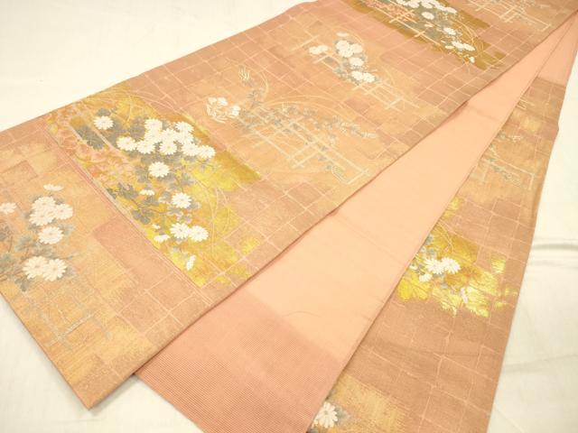 平和屋着物＊夏物 六通柄袋帯 格子草花文 金銀糸 正絹 逸品 DABD6528cm