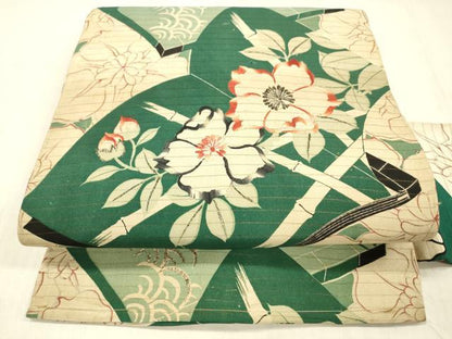 平和屋着物＊夏物 アンティーク 大正ロマン 全通柄九寸名古屋帯 刺繍 冊子竹垣花文 銀彩 正絹 逸品 DABD6541cm