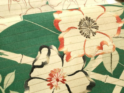 平和屋着物＊夏物 アンティーク 大正ロマン 全通柄九寸名古屋帯 刺繍 冊子竹垣花文 銀彩 正絹 逸品 DABD6541cm