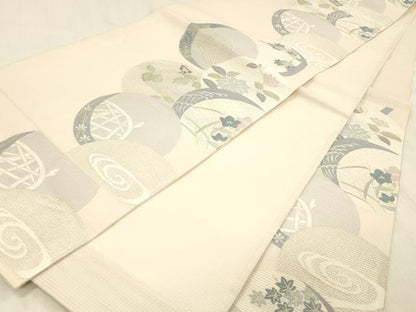 平和屋着物＊夏物 六通柄袋帯 流水籬草花文 金銀糸 正絹 逸品 DABD6555cm