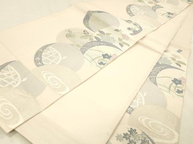 平和屋着物＊夏物 六通柄袋帯 流水籬草花文 金銀糸 正絹 逸品 DABD6555cm