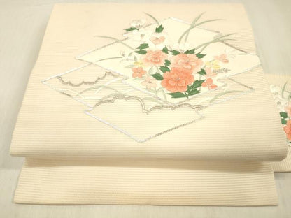 平和屋着物＊夏物 九寸名古屋帯 駒刺繍 総刺繍 草花文 銀糸 正絹 逸品 DABD6558cm