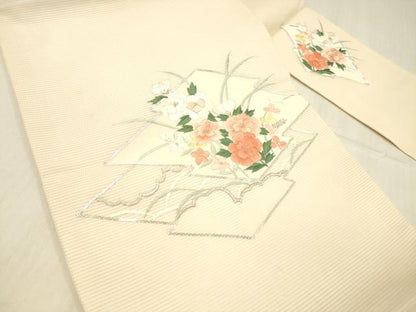 平和屋着物＊夏物 九寸名古屋帯 駒刺繍 総刺繍 草花文 銀糸 正絹 逸品 DABD6558cm