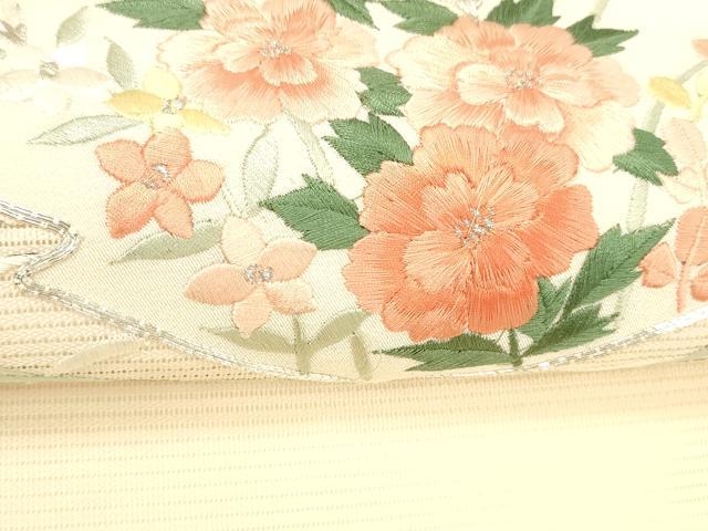 平和屋着物＊夏物 九寸名古屋帯 駒刺繍 総刺繍 草花文 銀糸 正絹 逸品 DABD6558cm