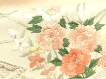平和屋着物＊夏物 九寸名古屋帯 駒刺繍 総刺繍 草花文 銀糸 正絹 逸品 DABD6558cm