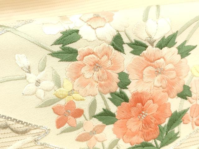 平和屋着物＊夏物 九寸名古屋帯 駒刺繍 総刺繍 草花文 銀糸 正絹 逸品 DABD6558cm