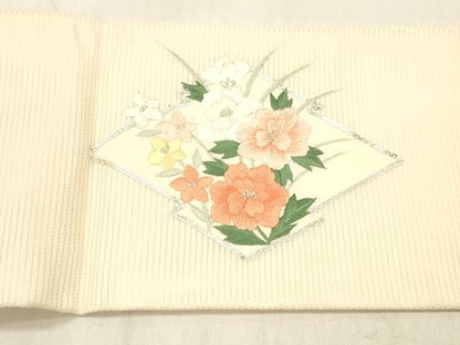 平和屋着物＊夏物 九寸名古屋帯 駒刺繍 総刺繍 草花文 銀糸 正絹 逸品 DABD6558cm