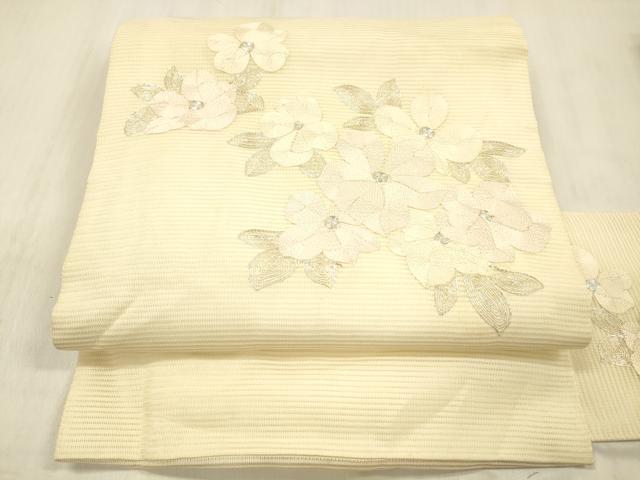 平和屋着物＊夏物 九寸名古屋帯 駒刺繍 総刺繍 草花文 正絹 逸品 DABD6564cm