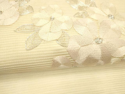 平和屋着物＊夏物 九寸名古屋帯 駒刺繍 総刺繍 草花文 正絹 逸品 DABD6564cm