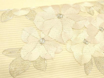 平和屋着物＊夏物 九寸名古屋帯 駒刺繍 総刺繍 草花文 正絹 逸品 DABD6564cm