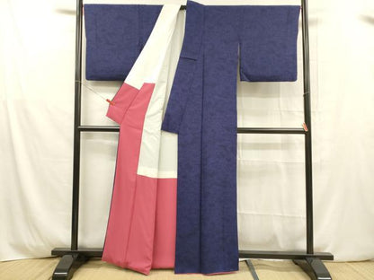平和屋着物■上質な小紋　藍　型染　風景文　鉄紺色　正絹　逸品　DABD6570cm