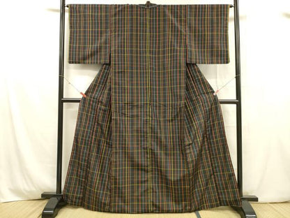 平和屋着物■上質な紬　格子　正絹　逸品　DABD6572cm