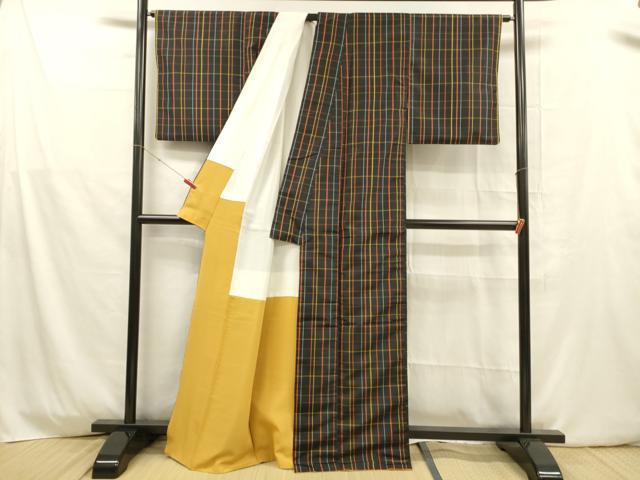 平和屋着物■上質な紬　格子　正絹　逸品　DABD6572cm