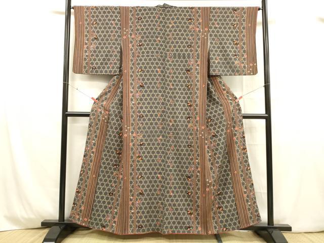 平和屋着物■上質な小紋　扇面花文　金彩　正絹　逸品　DABD6573cm