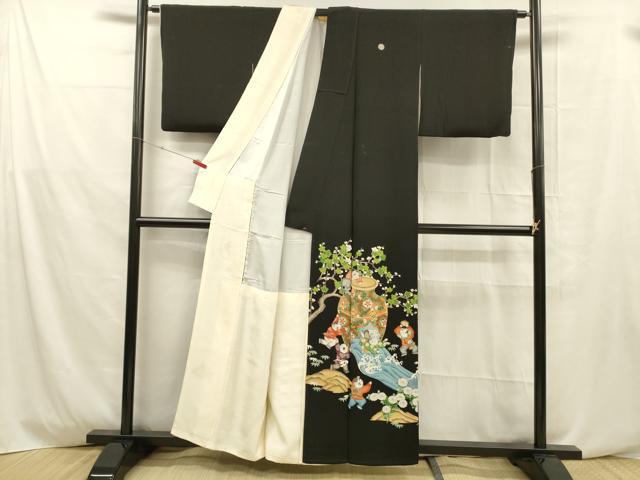 平和屋着物■豪華黒留袖 刺繍 童子遊び 器物花文 正絹 逸品 DABD6615cm