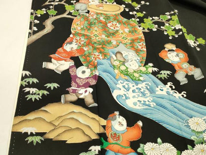 平和屋着物■豪華黒留袖 刺繍 童子遊び 器物花文 正絹 逸品 DABD6615cm