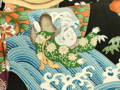 平和屋着物■豪華黒留袖 刺繍 童子遊び 器物花文 正絹 逸品 DABD6615cm