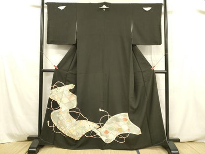 平和屋着物■豪華黒留袖 駒刺繍 流水松葉花文 金彩 正絹 逸品 DABD6621cm