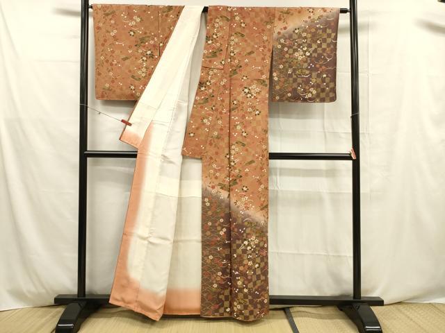 平和屋着物■訪問着 扇面芝花文 暈し染め 金彩 正絹 逸品 DABD6632cm