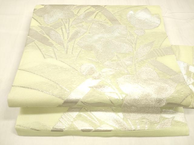 平和屋着物＊夏物　九寸名古屋帯　草花文　銀糸　正絹　逸品　DABD6654cm