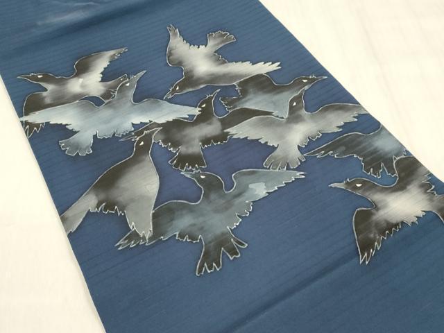 平和屋着物＊夏物 絽塩瀬 つけ帯 手描き 烏 カラス 正絹 逸品 DABD6656cm