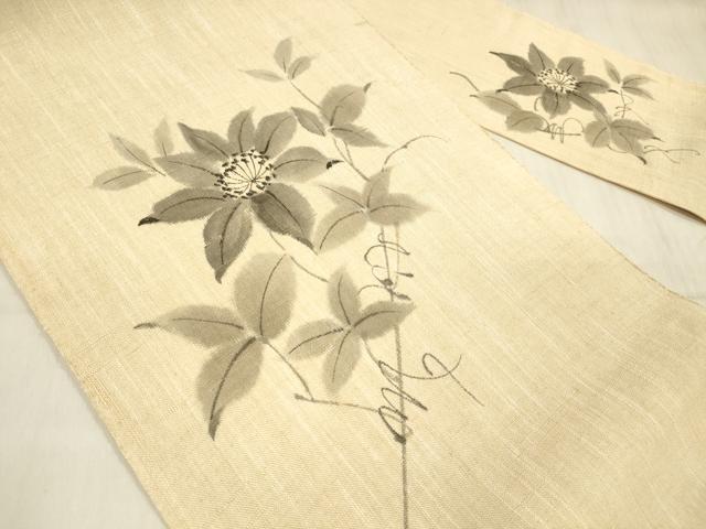 平和屋着物＊夏物 八寸名古屋帯 手描き 草花文 正絹 逸品 DABD6657cm