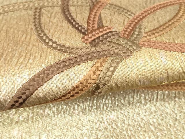 平和屋着物＊夏物　太鼓柄袋帯　ふくれ織　総刺繍　結び紐文　金糸　引箔　正絹　逸品　DABD6661cm