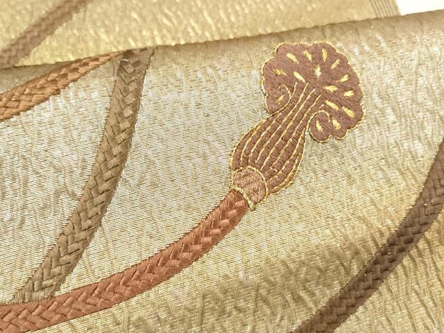 平和屋着物＊夏物　太鼓柄袋帯　ふくれ織　総刺繍　結び紐文　金糸　引箔　正絹　逸品　DABD6661cm 平和屋着物＊夏物 太鼓柄袋帯 ふくれ織 総刺繍 結び紐文 金糸