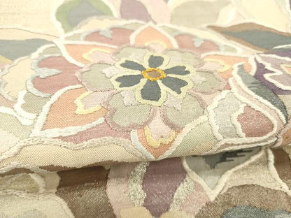 平和屋着物▽太鼓柄袋帯　スリーシーズン　春夏秋　刺繍　草花文　金銀糸　正絹　逸品　DABD6662cm