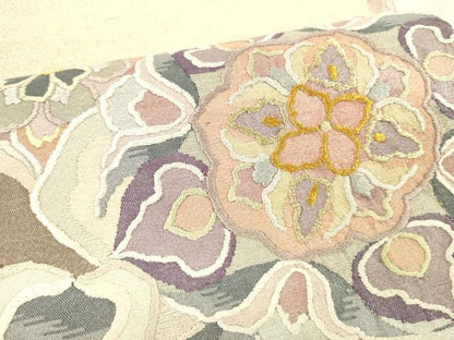 平和屋着物▽太鼓柄袋帯　スリーシーズン　春夏秋　刺繍　草花文　金銀糸　正絹　逸品　DABD6662cm