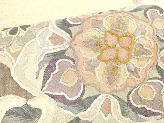 平和屋着物▽太鼓柄袋帯　スリーシーズン　春夏秋　刺繍　草花文　金銀糸　正絹　逸品　DABD6662cm