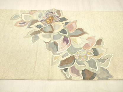 平和屋着物▽太鼓柄袋帯　スリーシーズン　春夏秋　刺繍　草花文　金銀糸　正絹　逸品　DABD6662cm