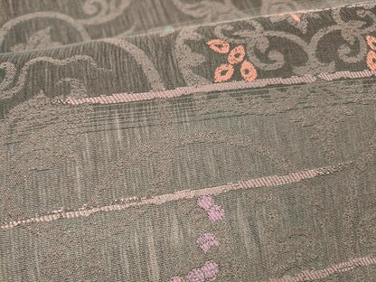 平和屋着物▽両面 全通柄袋帯 スリーシーズン 春夏秋 葡萄蔦の葉花文 幾何学文様 正絹 逸品 DABD6668cm